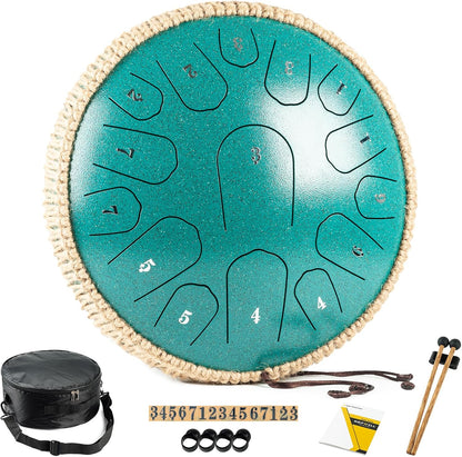 Steel Tongue Drum - 13 Inches 15 Notes Tongue Drum - Hand Pan Drum with Music Book, Handpan Drums Mallets and Carry