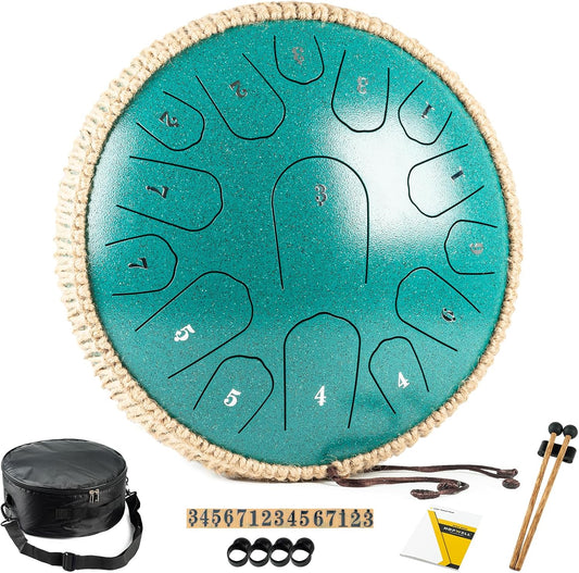 Steel Tongue Drum - 13 Inches 15 Notes Tongue Drum - Hand Pan Drum with Music Book, Handpan Drums Mallets and Carry