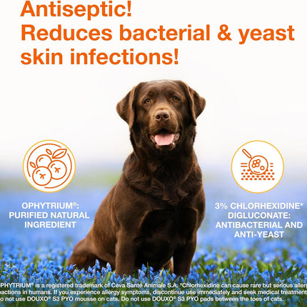 Douxo S3 Pyo Pads, Contains 3% Chlorhexidine & 0.5% Ophytrium, Antiseptic & Hydrating, For Bacterial or Yeast Skin Infections, For Dogs and Cats, 30 Pads