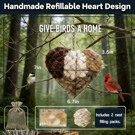 Handmade Alpaca Fiber Bird Nesting Heart – Refillable Bird Haven with 2 Nesting Material Refill Bags – Eco-Friendly Hanging Nest for Hummingbirds & Wild Birds, Garden & Yard Décor (1Set)