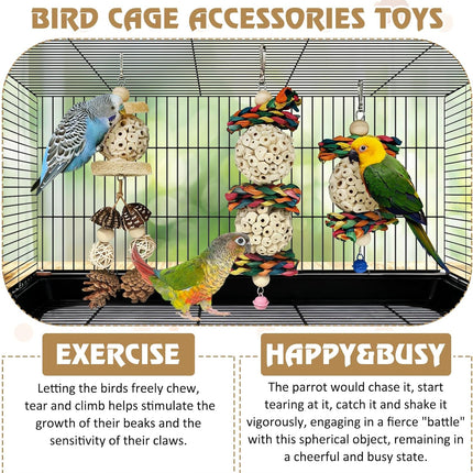 BNOSDM Hanging Bird Toy Sola Balls 3PCS Parrot Shredder Balls Natural Parakeet Foraging Toy Wood Bird Cage Chew Toys for Cockatiel, Budgie, Sun Conure, Quakers, Lovebirds (B)