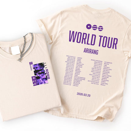 K-Pop World Tour Arirang Graphic T-Shirt – Purple Idol Portrait Tee | Seven Member Collage Front, Full Global Concert Dates Back | Korean Wave Fan Gift