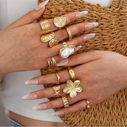 12 PCS Chunky Gold Plated Rings for Women Statement Flower Ring Set