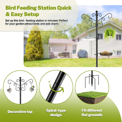 Bird Feeding Station,Heay Duty Bird Feeder Pole with Upgraded Thickened Pole & 5-Prong Base,Hanging Hooks,Mesh Tray,Water Bowl w/Metal Snap Fastening,Wind-Resistant Wild Bird Feeding Kit for Outdoors
