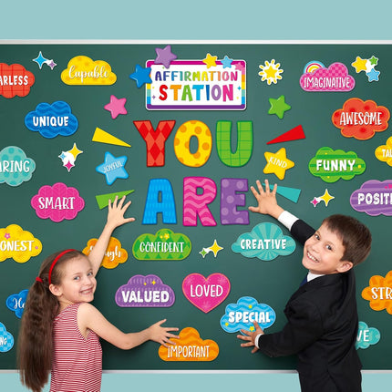 45pcs Bright Affirmation Station Bulletin Board Set Motivational Posters Classroom Mirror Growth Mindset Decor Positive Affirmations Accents Cutouts for School Office Home Teacher Wall Supply