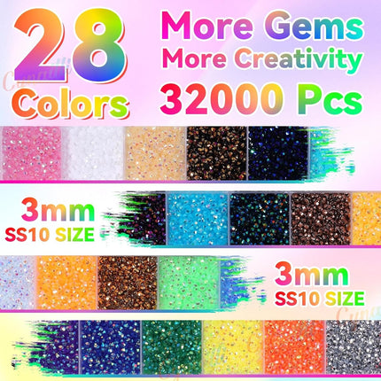 32000Pcs 3MM Colors Flatback Rhinestones for Bedazzling, Jelly Resin Crystal Rhinestones Gems, Colorful Gems Bedazzling for Crafting DIY Face Makeup Crafts Tumblers