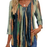 3/4 Length Sleeve Womens Tops V Neck Blouses Pleated Casual Shirts