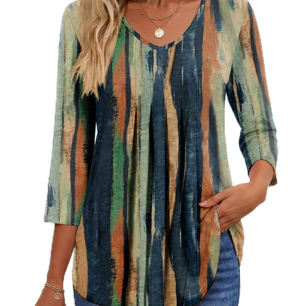 3/4 Length Sleeve Womens Tops V Neck Blouses Pleated Casual Shirts