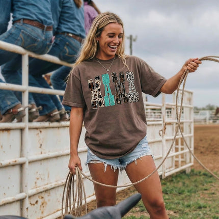 Comfort Colors Mama Western Cow Print Leopard Star T-Shirt Mother’s Day Graphic Tee Rustic Country Shirt