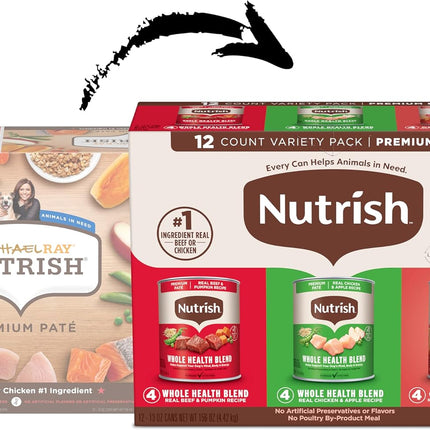 Nutrish Gentle Digestion and Whole Health Blend Premium Paté Variety Pack Wet Dog Food, 13 oz. Can, Pack of 12, Packaging May Vary (Rachael Ray)
