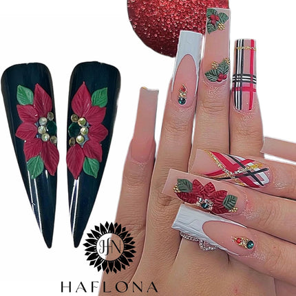 3D Acrylic Christmas Flower Nail Art Charms Handmade by Acrylic Powder - 24pcs Noel Flowers Nail Rhinestones Kit 3D Nails Design Xmas Nail Art for Women (Christmas Flowers 2-Medium & Long Size)