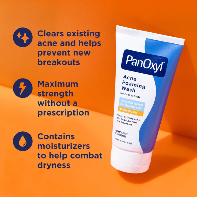 10% Benzoyl Peroxide Acne Foaming Wash, Maximum Strength, Daily Acne-Fighting Face and Body Cleanser, Face Wash to Clear, Treat and Prevent Acne Pimples and Stubborn Breakouts, 5.5 Oz Tube