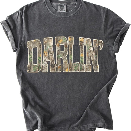 FITIN Darlin’ Camo Comfort Colors Tee, Southern Country Girl Shirt, Western Varsity Camouflage Graphic T Shirt