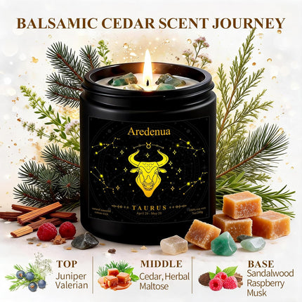 Taurus Birthday Gifts Candle | Zodiac Crystal Candles with Green Aventurine Healing Crystals - Balsamic Cedar Woody Scented Soy Candle, 7oz 50 Hour Burn, Unique Spiritual Astrology Gifts for Women Men