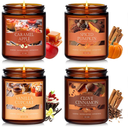 Fall Candles Set, 4 Pack Candles for Home Scented Natural Soy Wax, Autumn Gifts Set for Women Men, Fall Fragrance of Pumpkin/Cinnamon/Vanilla Cupcake/Apple