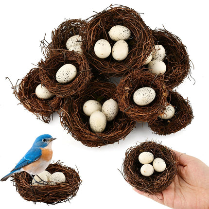 Rattan Bird Nest Set, 8 Nests with 16 Eggs (24 Pcs), Easter Spring Decor, DIY Craft Supplies for Weddings, Parties & Home Decorations