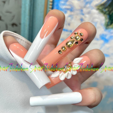 HAND-PAINTED White False Nails Set Coffin Press on Nails Pressons Kit Medium Length Stick on Nails Shoot Nail Art Short Nails with Nail Glue on Nails Square, Long Almond Nail (K1, Medium)