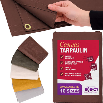 CCS Waterproof Canvas Tarp Cover – Heavy Duty Duck Cloth, Waxed Canvas Tarpaulin with Rustproof Brass Grommets for Camping, Construction, Equipment & Outdoor Use (Brown, 8x10 Ft)