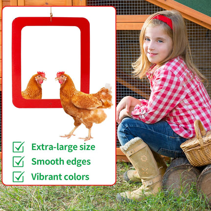 FlidRunest Extra-Large Size Chicken Mirror Toys for Coop, 11.8'' x 9.8'' Hanging Chicken Enrichment Swing Mirror Acrylic, Double-Sided Coop Accessories for Hens Birds Parrots Roosters Red