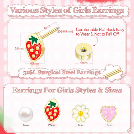 Hypoallergenic Earrings for Girls, Cute Toddler Earrings Kids Baby Flatback Screw Back Earrings 14k Real Gold Plated Small Pearl Flower Pink Heart Strawberry Surgical Steel Stud Earrings Set