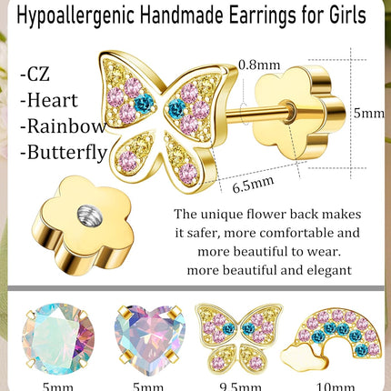 4Pairs Hypoallergenic Earrings for Girls 14K Gold Flat Back Earrings 20G Screw Back Cartilage Earring for Sensitive Skin CZ Heart Butterfly 316L Stainless Steel Stud Earrings for Women