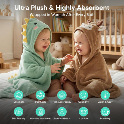 14-Piece Baby Bath Towels Set with 4 PCS Hooded Baby Towels, 8 PCS Washcloths & 2PCS Bath Brush for Infants & Toddlers, Ultra Absorbent Newborn Bath Essentials Gift for Boys & Girls