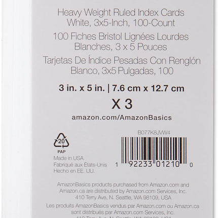 Amazon Basics Heavy Weight Ruled Index Cards for Studying and Note Taking, White, 3" x 5", 300 Count (Pack of 3)