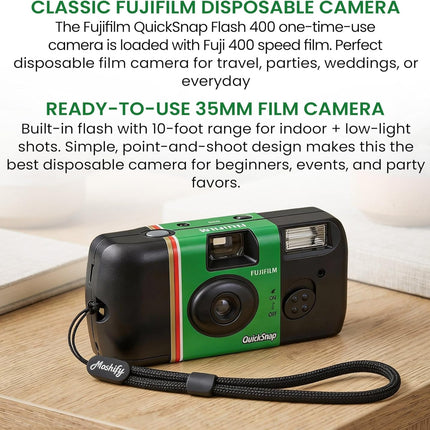 Fujifilm QuickSnap Flash 400 Disposable Camera – 2 Pack 35mm Film Cameras + Moshify Adjustable Wrist Strap – Fuji Disposable Camera Set for Weddings, Parties, Travel, Events