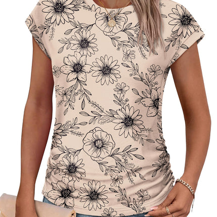Womens Summer Tops Trendy 2026 Ruched Cap Short Sleeve Tshirts Shirts Crew Neck T Shirts Fashion