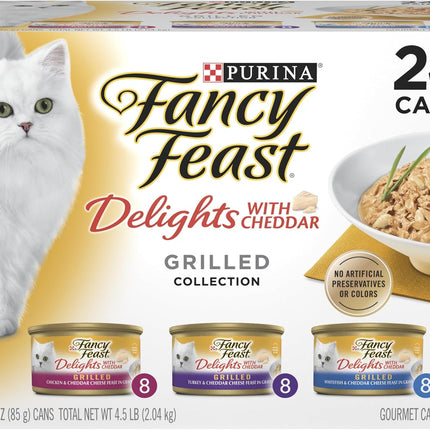 Purina Fancy Feast Delights with Cheddar Grilled Chicken, Turkey or Whitefish and Cheddar Cheese Feast in Gravy Wet Cat Food Variety Pack - (Pack of 24) 3 oz. Cans
