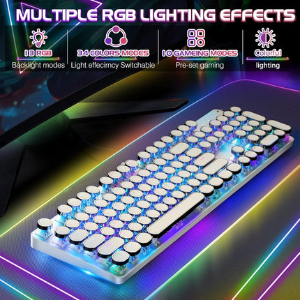 Typewriter Style Mechanical Gaming Keyboard RGB Backlit Wired with Blue Switch Retro Round Keycap 104 Keys Keyboard (R-White)