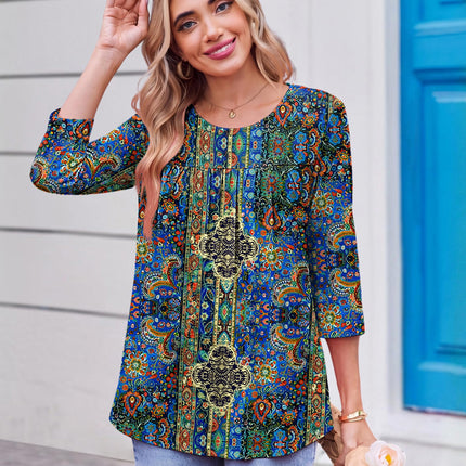 Womens 3/4 Length Sleeve Tops Boho Blouses Casual Pleated Shirts