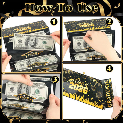 Pasimy 2026 Graduation Money Cards with Envelope for Cash Gift Graduation Money Holder Party Cash Cards for Class of 2026 College High School Grad Party Supplies Men Women Gift (Black Gold,2 Pcs)