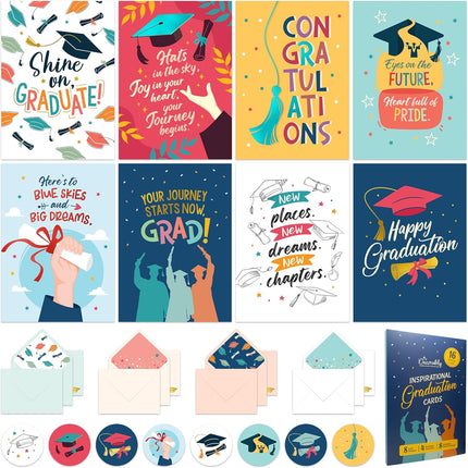 Decorably 16 Pack Foiled 5x7in Inspirational Graduation Cards Assortment with Envelopes & Stickers - 8 Festive Designs for College, Highschool, Her, Him, with Printed Message Inside - Gifting, Mailing