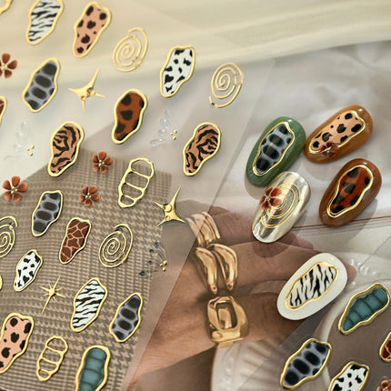 French Leopard Print Nail Art Stickers Chromatic Gold Nail Decal 5D Embossed Irregular Geometric for Sticker Nail Art Jelly Butterfly Wings Nail Supply for Women Girl DIY Manicure Decoration 1Pc