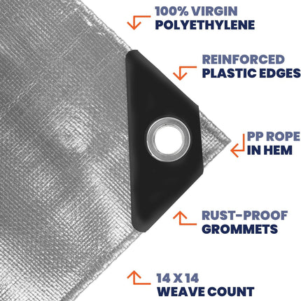 Tarpco Safety Extra Heavy Duty 14 Mil Tarp Cover, Waterproof, UV Resistant, Rip and Tear Proof, Poly Tarpaulin with Reinforced Edges for Roof, Camping, Patio, Pool, Boat (Silver/Black 25′ X 40′)