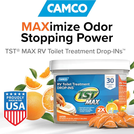 Camco TST MAX RV Toilet Treatment Drop-INs - Control Unwanted Odors & Break Down Waste and Tissue - Safe Septic Tank Treatment - Orange Scent, 30-Pack (41183)