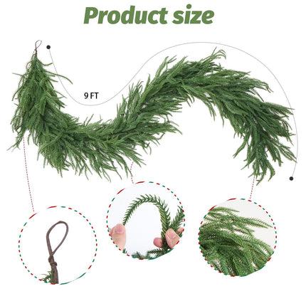 9FT Artificial Norfolk Pine Garland, Realistic Christmas Greenery Garland