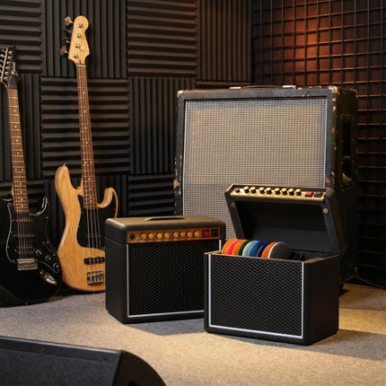 Guitar Picks Holder Box, Amp Speaker Styled Pick Holder with 5 Celluloid Guitar Picks, Guitar Pick Display Holder Storage Box Set for Guitar Players and Music Lovers