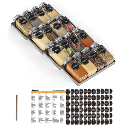 Spice Drawer Organizer with 28 Spice Jars, 386 Spice Labels, 4 Tier Seasoning Rack Tray Insert for Kitchen Drawers, 13" Wide x 17.5" Deep