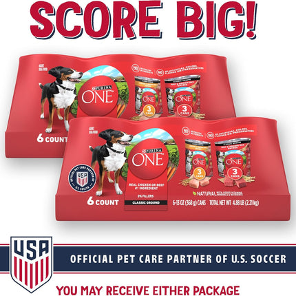 Purina ONE Classic Ground Chicken and Brown Rice, and Beef and Brown Rice Entrees Wet Dog Food Variety Pack - (Pack of 6) 13 oz. Cans