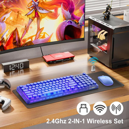 Blue Light Up Keyboard and Mouse Wireless,Cute 2.4Ghz Cordless Rechargeable Transparent Backlit Keyboard,15 Backlight Effects,Volume Knob,RGB Mouse with 3 DPI for Mac Computer PC Laptop Desktop iPad