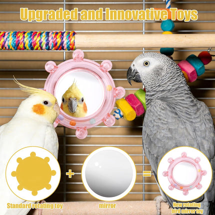 2pcs Bird Mirror Toy for Cage, Rotating Bird Cage Mirror with Rustling Balls Embedded Interactive Birdcage Pet Accessories for Parakeet Budgie Lovebird Canaries Conures Perch Cockatiels