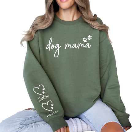 Custom Dog Mom Sweatshirt with Pet Name & Heart on Sleeve, Personalized Dog Mama Hoodie or Crewneck, Cute Women’s Sweatshirt for Pet Lovers