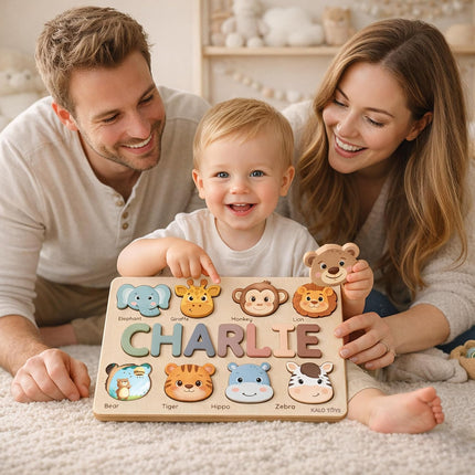 Custom Wooden Name Puzzle for Toddlers 1-3, Personalized Baby Gift with Animal Theme, First Birthday Gift for Boys & Girls, Alphabet Learning Toy
