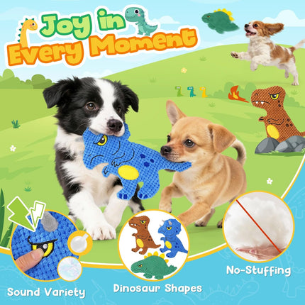 KIPRITII Dinosaur No-Stuffing Dog Squeaky Toys to Keep Dogs Busy, 3-Pack Puppy Toys for Interactive Play & Boredom Relief