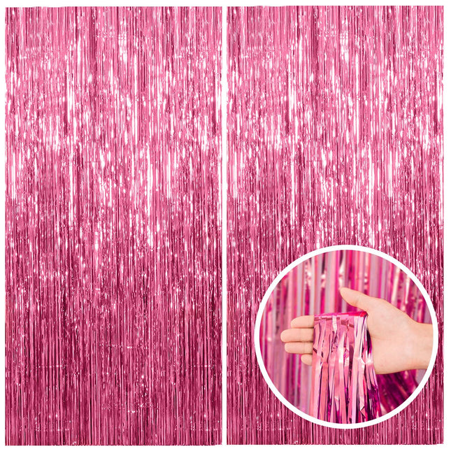 Paquete de 2 decoraciones de fondo de fiesta rosa, cortina de flecos de lámina metálica para cumpleaños, fondo para fotos, despedida de soltera y graduación