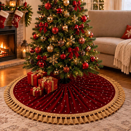 55 Inch Burgundy Christmas Tree Skirt Velvet, Round