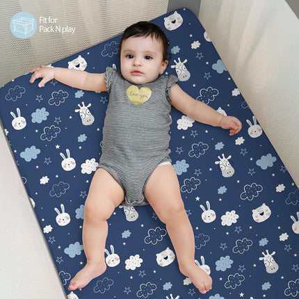Baby Mini Crib Sheets Boy, Portable 38”x26” Pack and Play Sheets Fitted for Playard and Pack N Play Mattress, 3-Pack Soft Microfiber Blue Cloud Animals