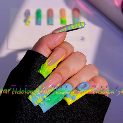 HAND-PAINTED Purple False Nails Set Coffin Press on Nails Pressons Kit Medium Length Stick on Nails Shoot Nail Art Short Nails with Nail Glue on Nails Square, Long Almond Nail (TJ47, Medium)